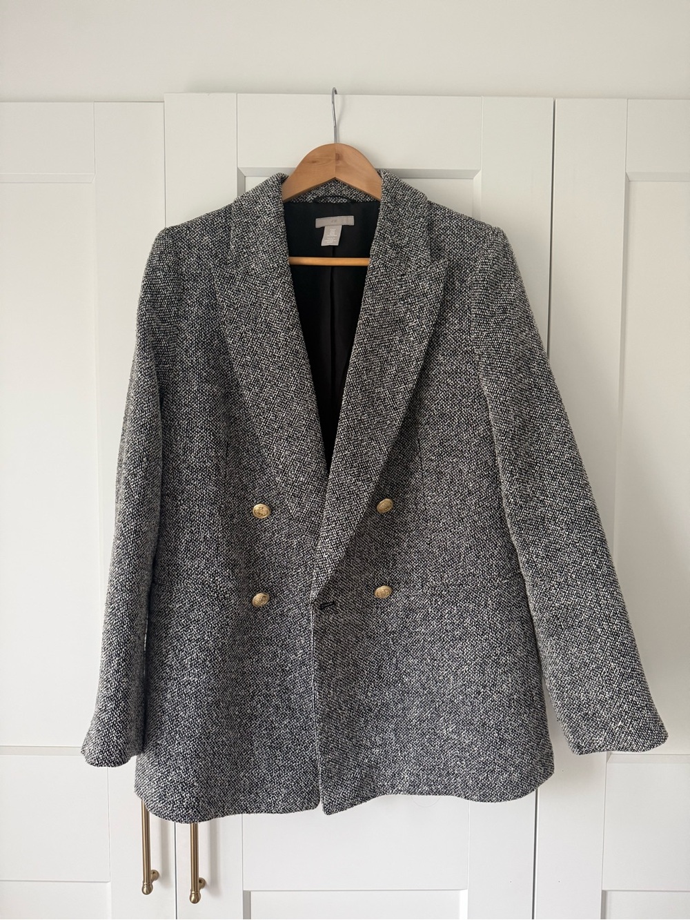 H&M Grey Textured Double-Breasted Blazer with Gold Buttons